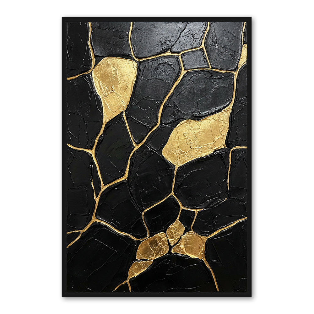 Veins of Gold Silence | Contemporary Abstract Black & Gold Hand-Painted Oil Painting Wall Art