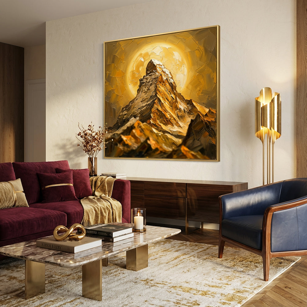 Golden Radiant Summit – Impressionist Textured Mountain Oil-Style Artwork Handcrafted Painting