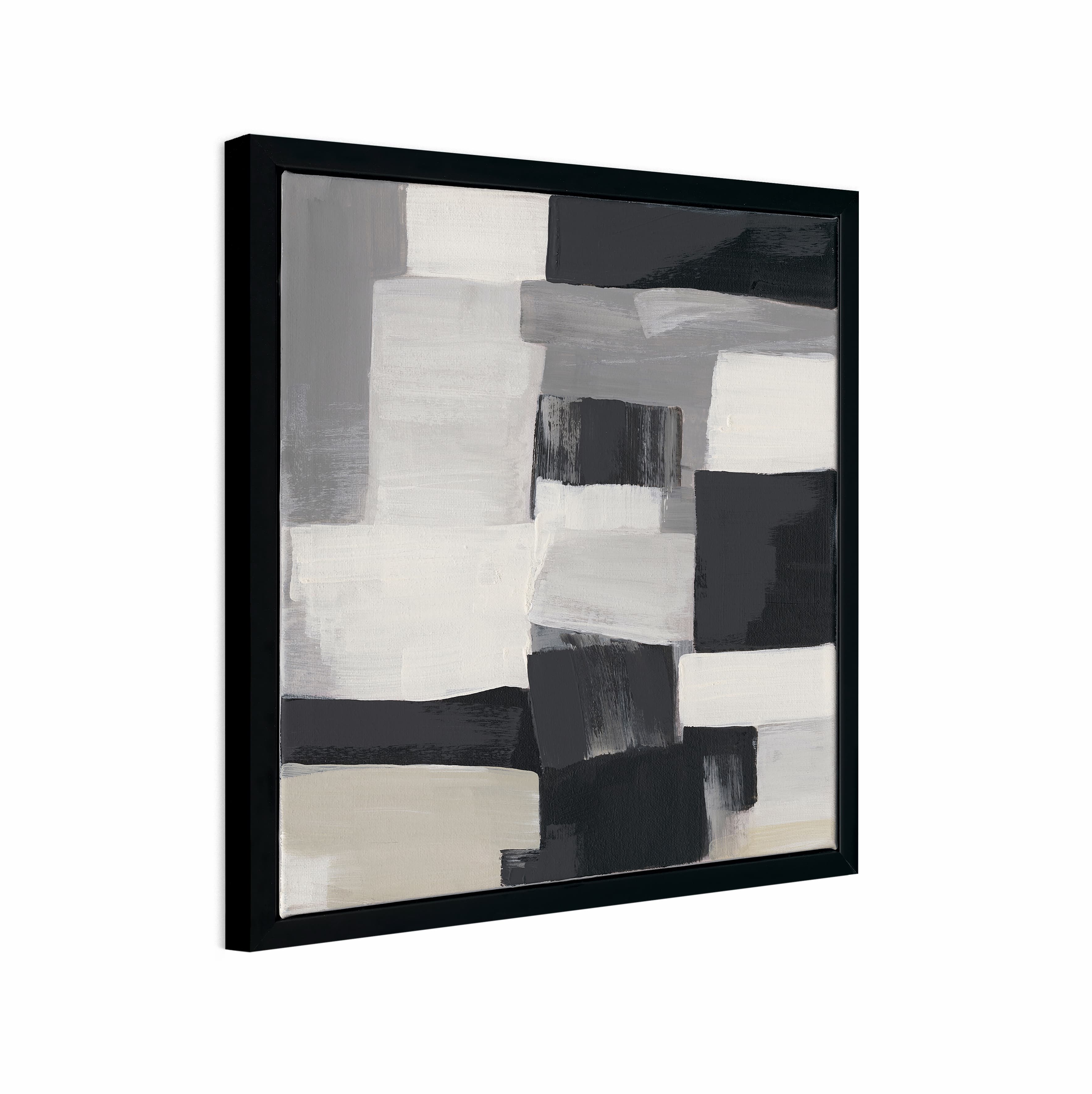 Original handmade abstract painting in black, white, grey, and beige tones, minimalist geometry adding serene artistry to any space.