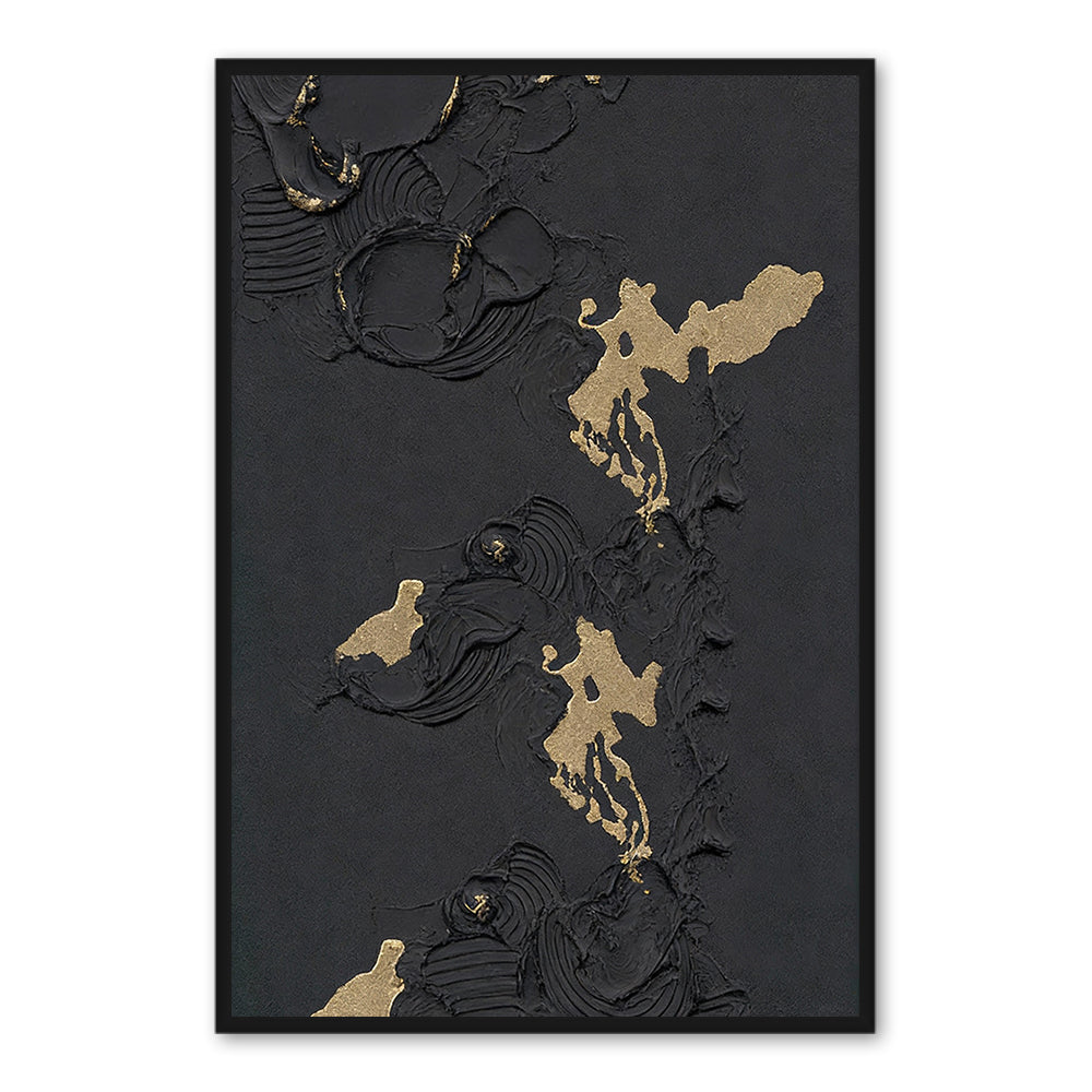 Handmade Abstract Wall Art – Black Textured Painting with Gold Accents-Portrait Orientation