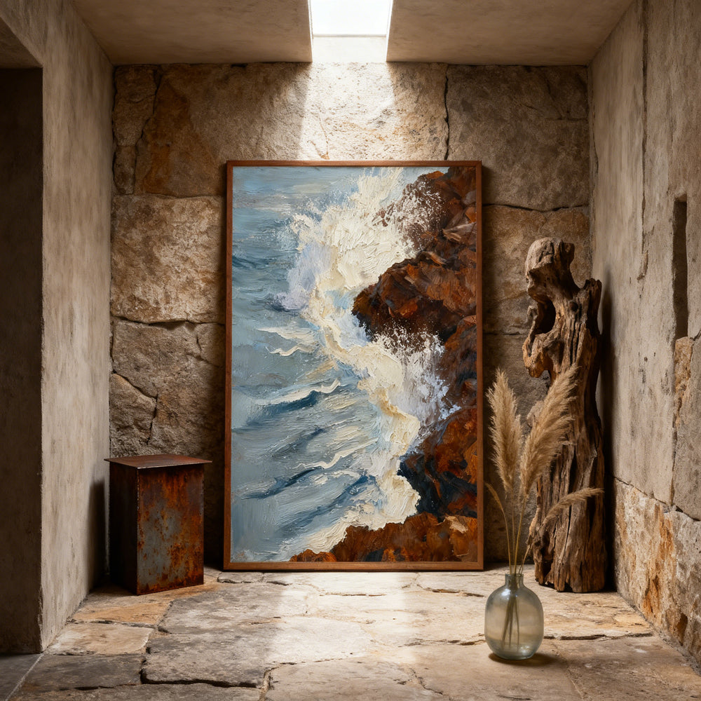 Waves Against the Cliffs Texture Art – Impressionistic Seascape Style Handmade Oil Painting Wall Art