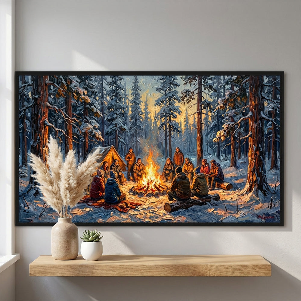 Winter Gathering by the Flame – Impressionist Campfire Community Oil-Style Artwork Handcrafted Painting