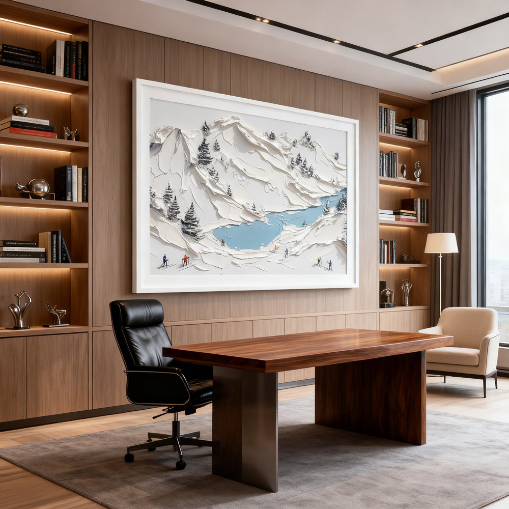 Winter Expedition – Handcrafted Palette Knife Painting, Snowy Mountain Landscape, Skiers in the Alps