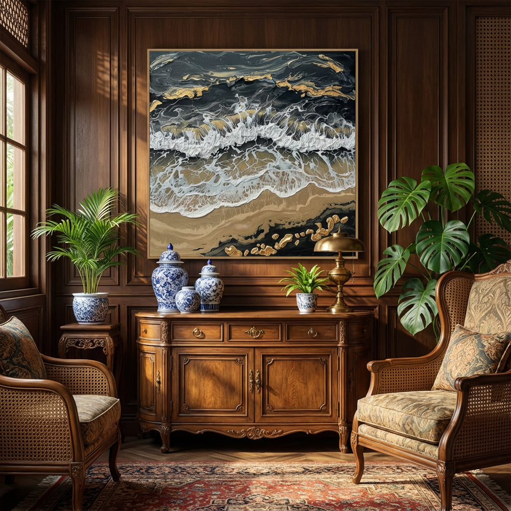 Black, White & Gold Tones – Waves, Sand & Rock Elements  Handcrafted Painting