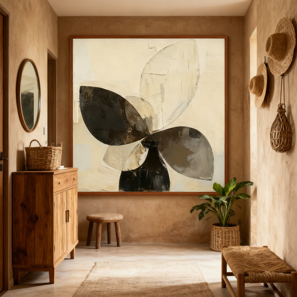 Abstract Petal Form in Vessel – Modern Minimalist Style Handmade Oil Painting Wall Art