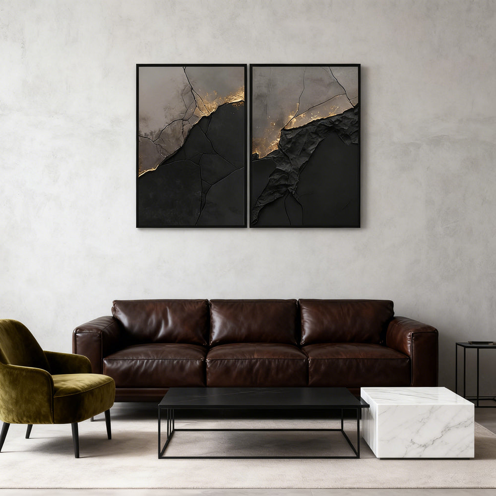 Cracked Stone & Gold Vein Theme Painting – Modern Abstract Style Handmade Texture Wall Art (Set of 2)