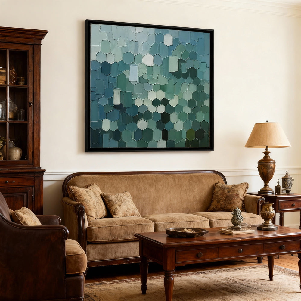 Emerald Mosaic – Modern Abstract Geometric Style Handmade Oil Painting Wall Art