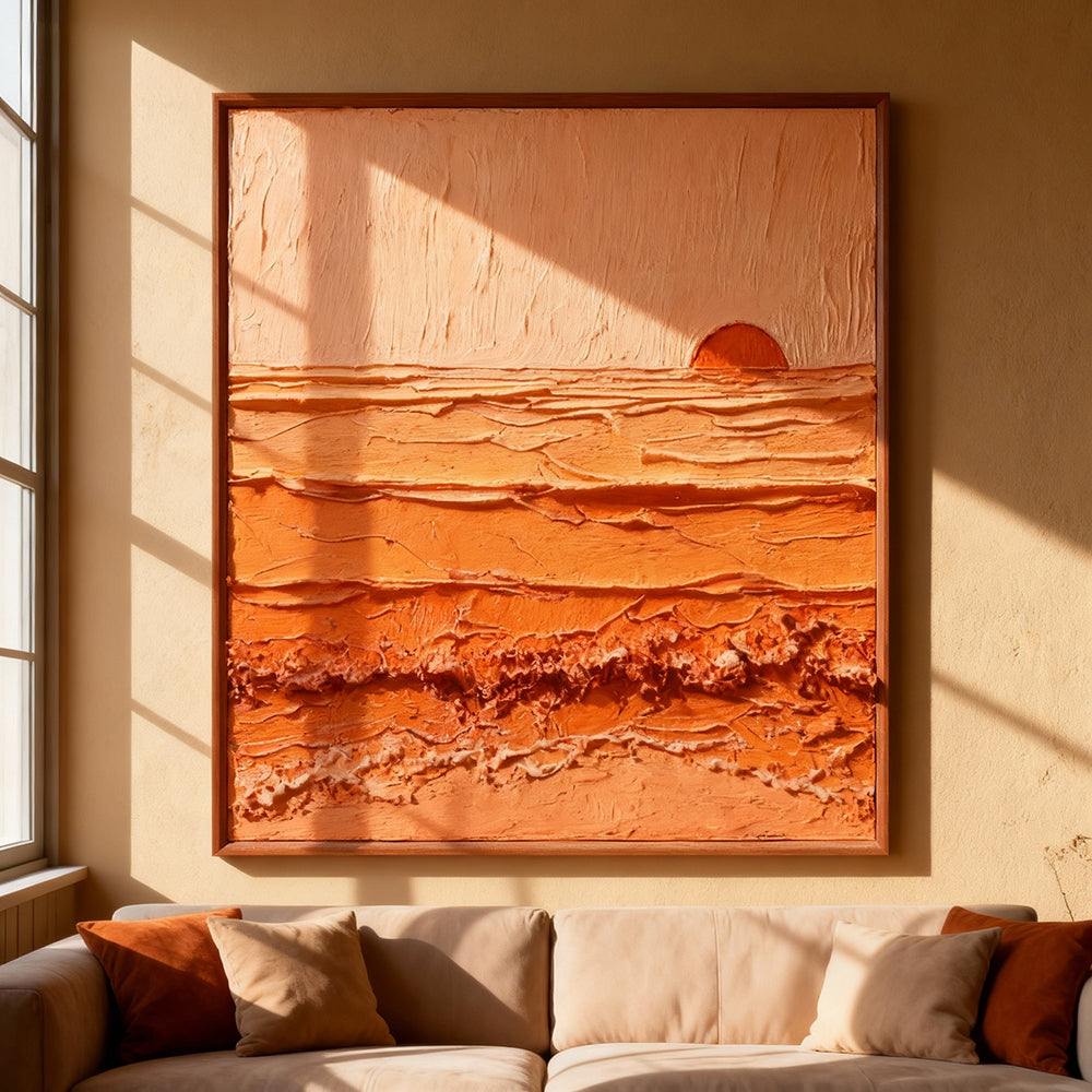 Sunrise Harmony – Abstract Texture Landscape in Warm Orange Tones, Sunset Over Waves
