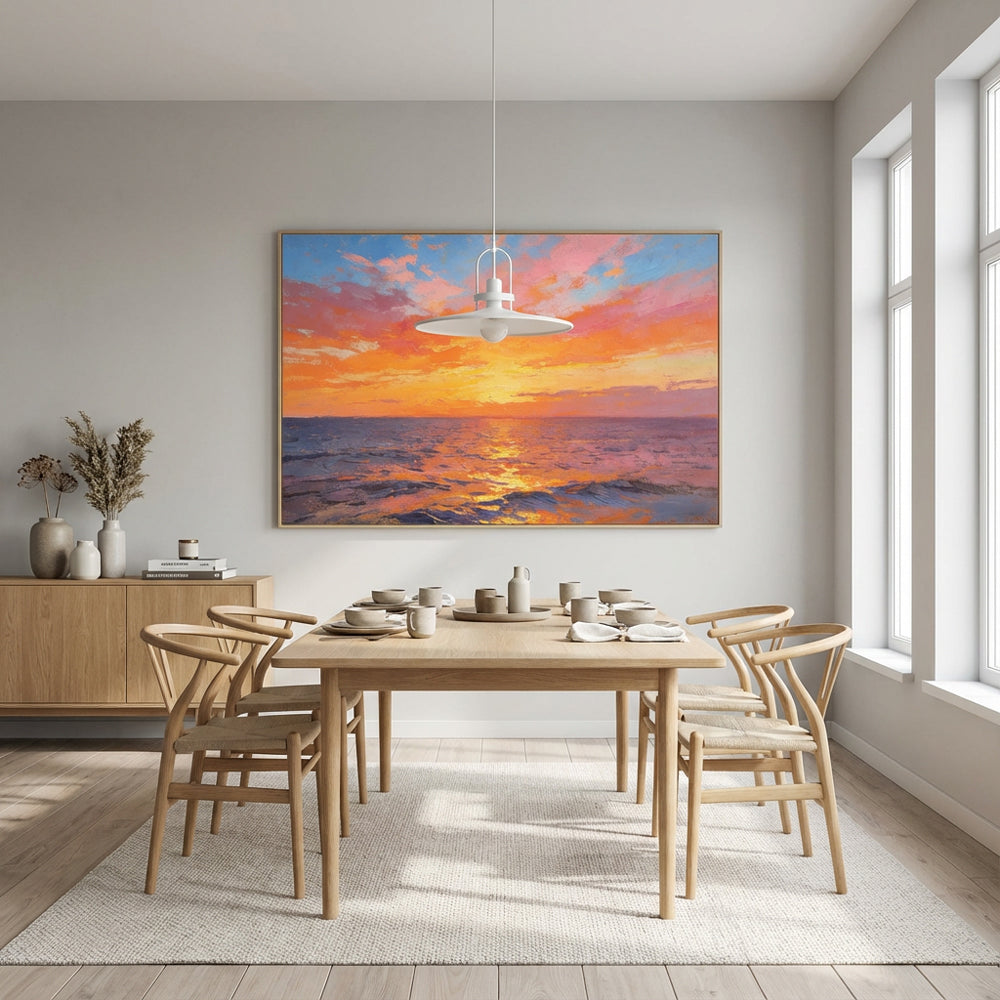 Golden Sunset Reflections – Contemporary Impressionist Hand-Painted Ocean Oil Painting Wall Art