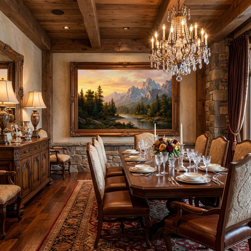 Golden Horizon Peaks – Realist Sunset Mountain Landscape Oil-Style Artwork Handcrafted Painting