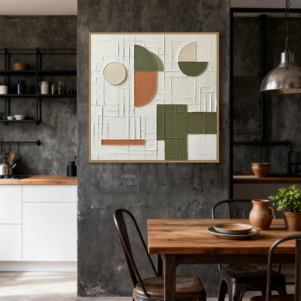 Geometric Abstract Wall Art – Minimalist Textured Design paintings – White, Olive & Terracotta Palette – Shapes & Grid Elements