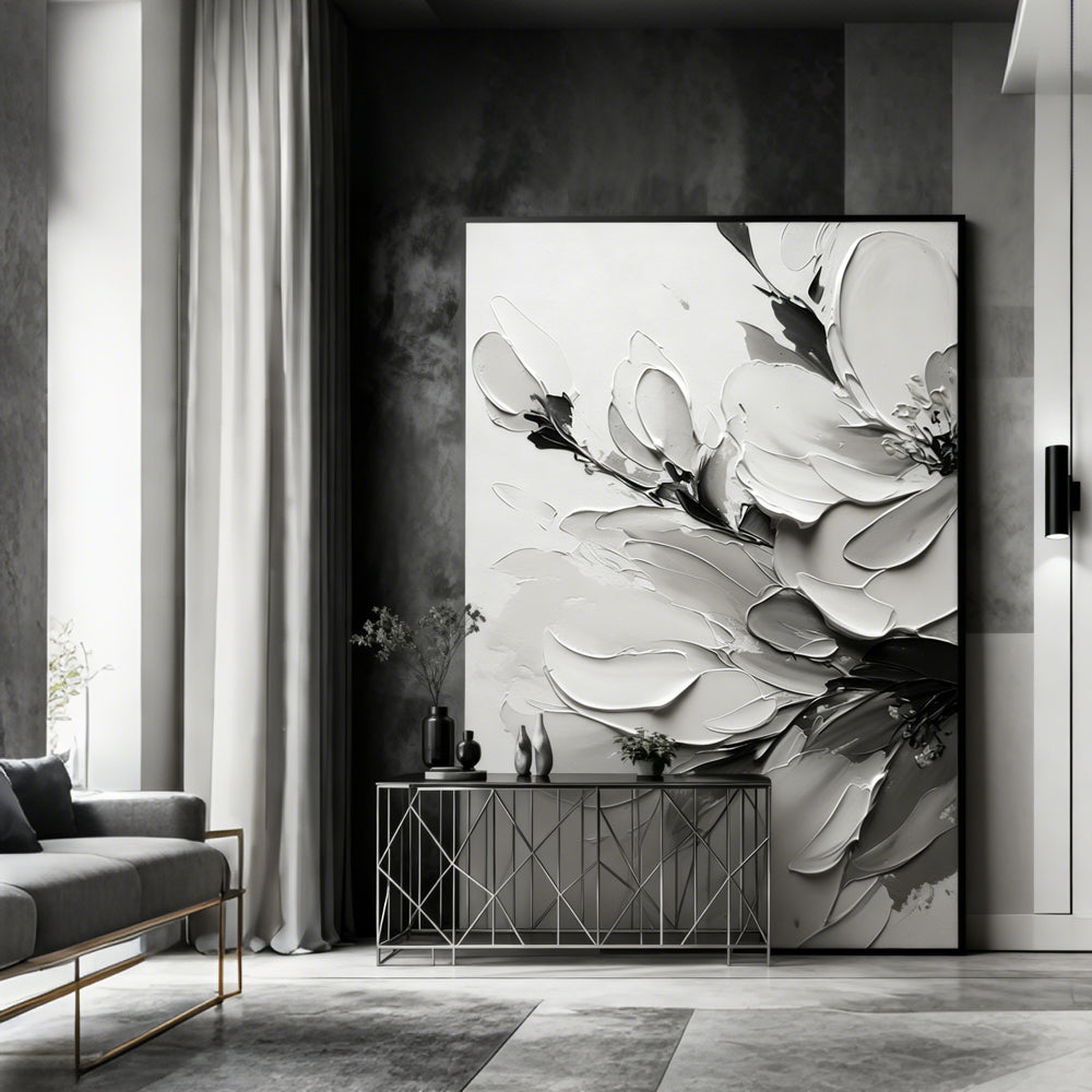 Monochrome Blossom Texture Art – Minimalist Impressionistic Floral Style Handmade Oil Painting Wall Art
