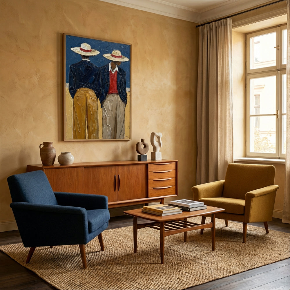 Two Gentlemen in Hats – Modern Figurative Style Handmade Oil Painting Wall Art