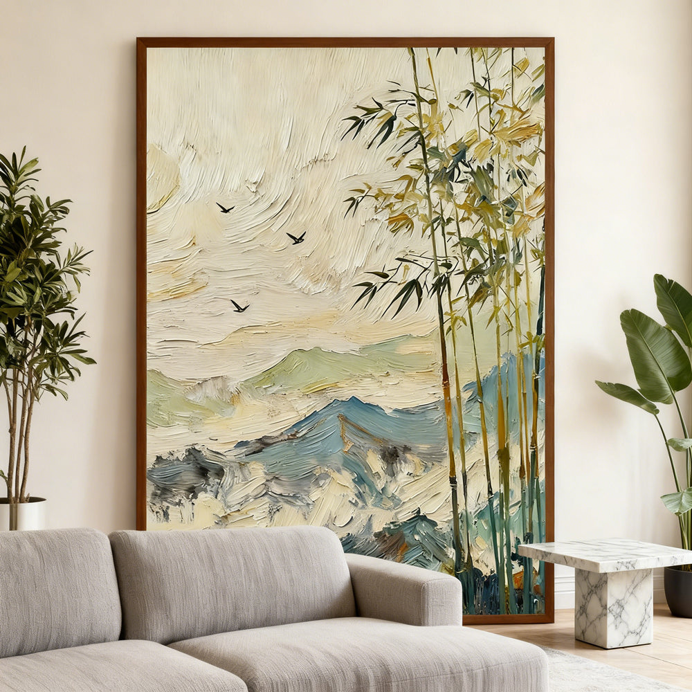 Bamboo Grove in Misty Mountains – Abstract Landscape Oil Painting