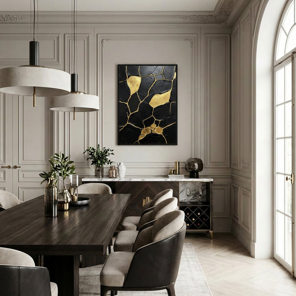 Veins of Gold Silence | Contemporary Abstract Black & Gold Hand-Painted Oil Painting Wall Art
