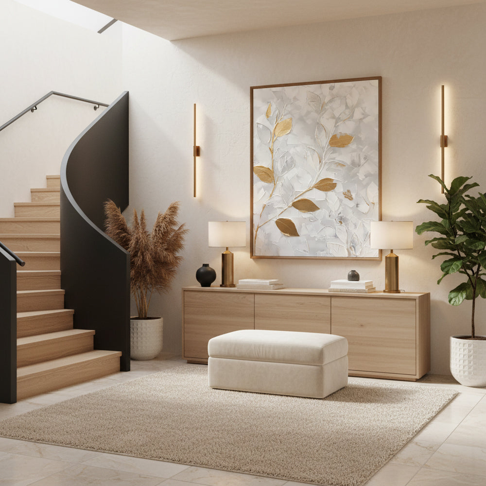 Still Veins– Hand-Painted Textured Floral Oil Painting Wall Art in White and Gold