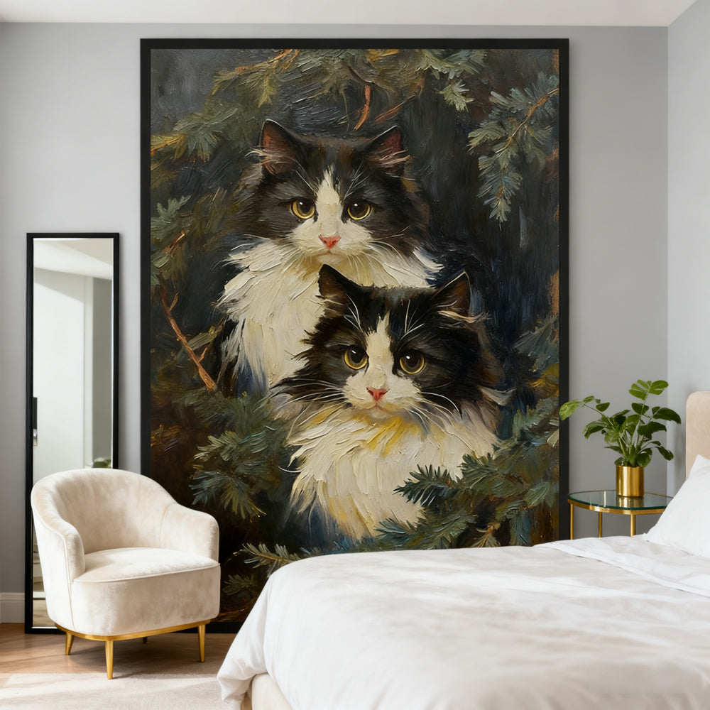 Two Cats in Forest – Realistic Oil Painting – Animal Wall Art