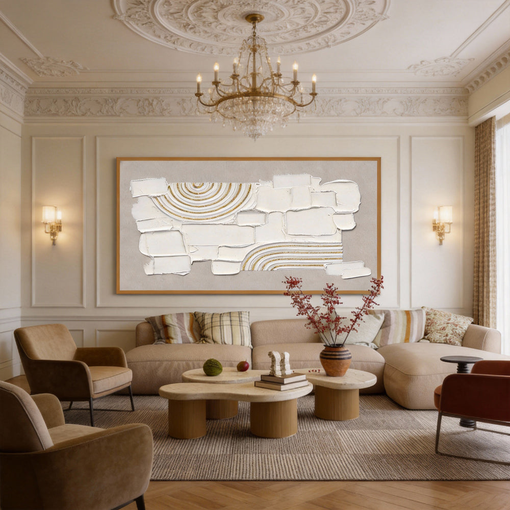 Original handmade texture art, crafted with plaster and golden lines, adding unique depth and serene modern Wabi-Sabi charm.--Landscape Orientation