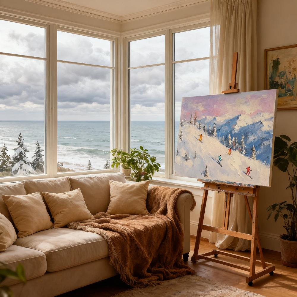 Alpine Sunset Ski Escape – Impressionist Impasto Style Handmade Oil Painting Wall Art