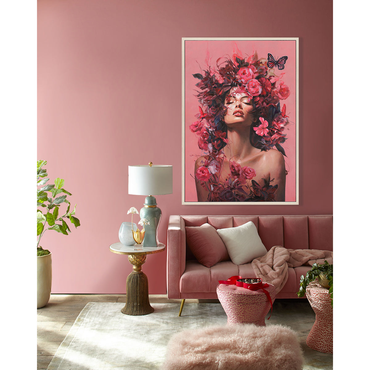 Handmade Romantic Floral Woman Portrait Contemporary Figurative Art on Canvas