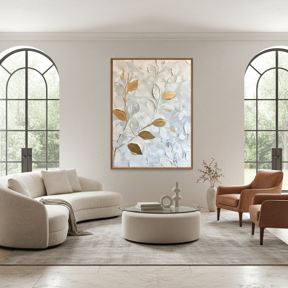 Still Veins– Hand-Painted Textured Floral Oil Painting Wall Art in White and Gold