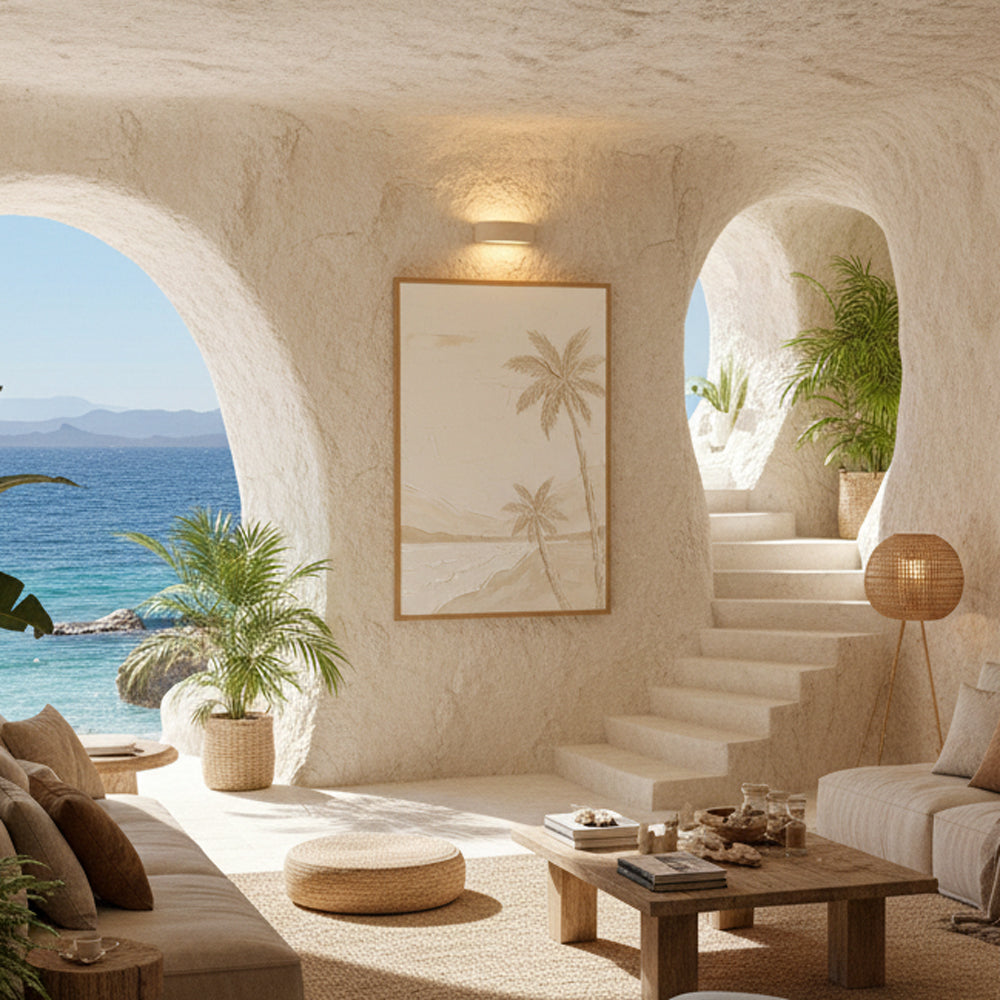 Coastal Palm Whisper | Minimal Textured Seascape Style Hand-Painted Oil Painting Wall Art