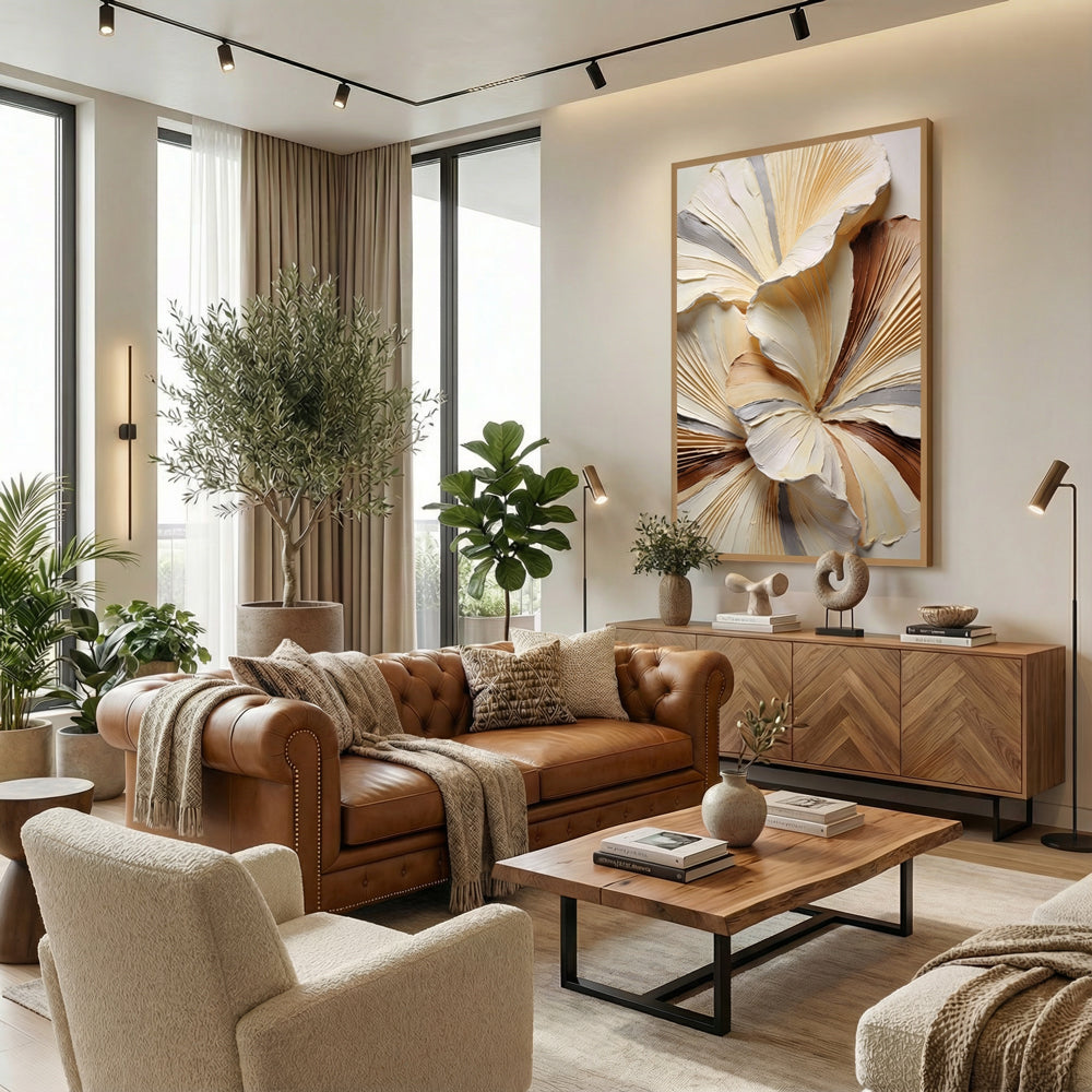 Golden Bloom Abstraction | Textured Floral Style Handmade Oil Painting Wall Art