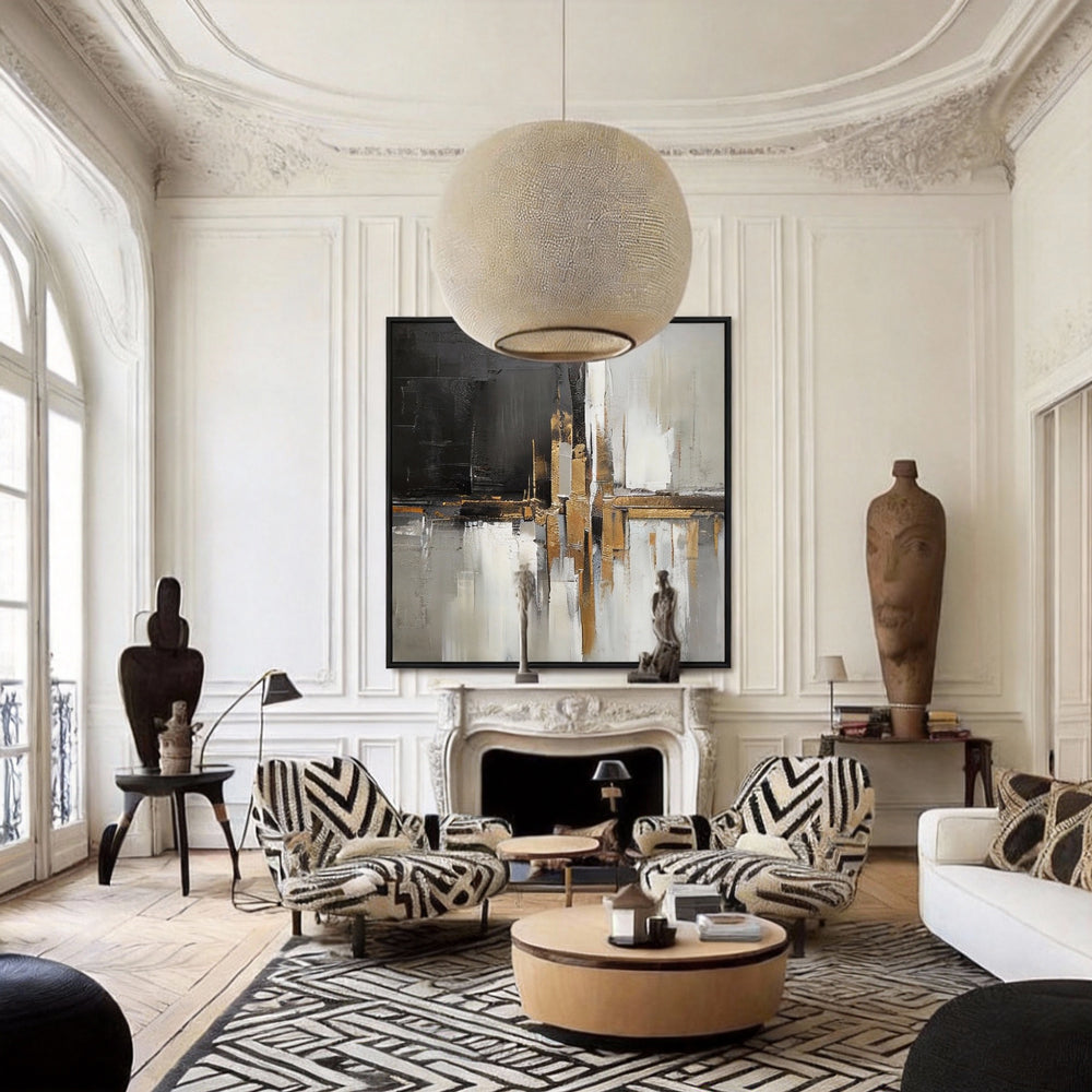 Handcrafted Elegance Golden Glow and Ink Shadow Harmony Painting-square canvas