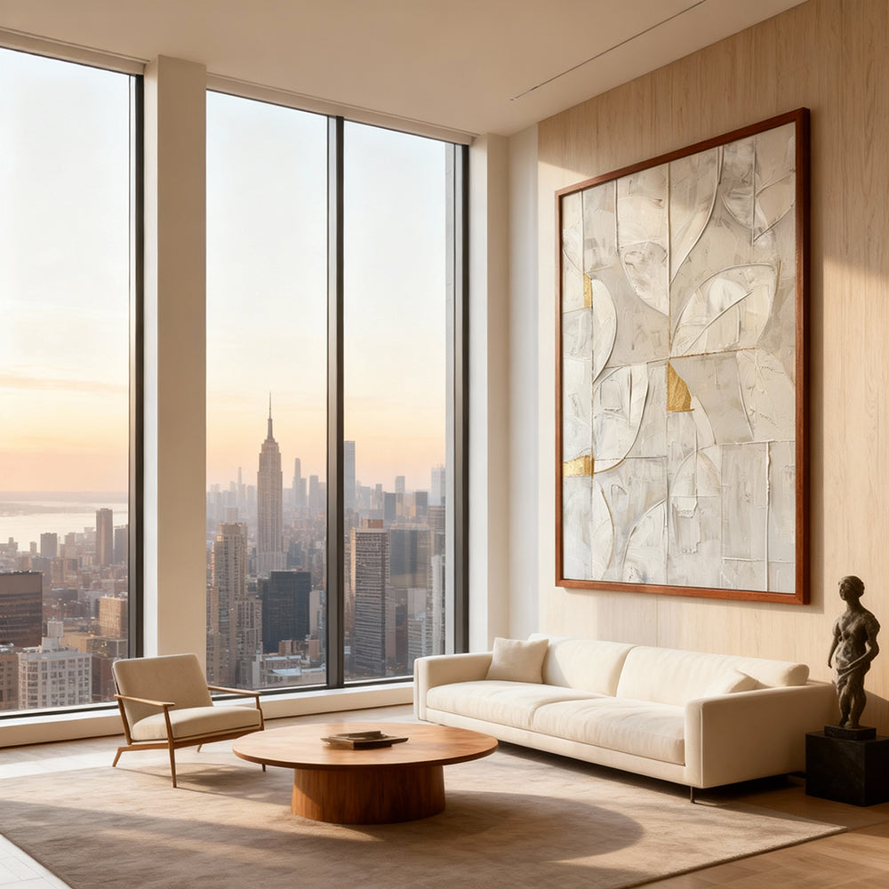 Voice of Texture – Hand-Painted Abstract Geometric Canvas Wall Art in Neutral and Gold Tones