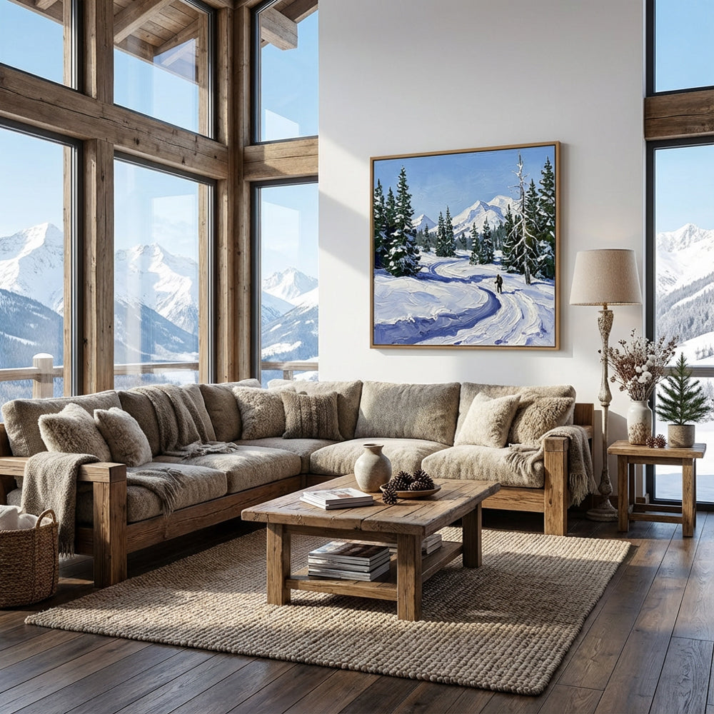 Tracks in the Winter Blue – Impressionist Snowfield Journey Oil-Style Artwork Handcrafted Painting