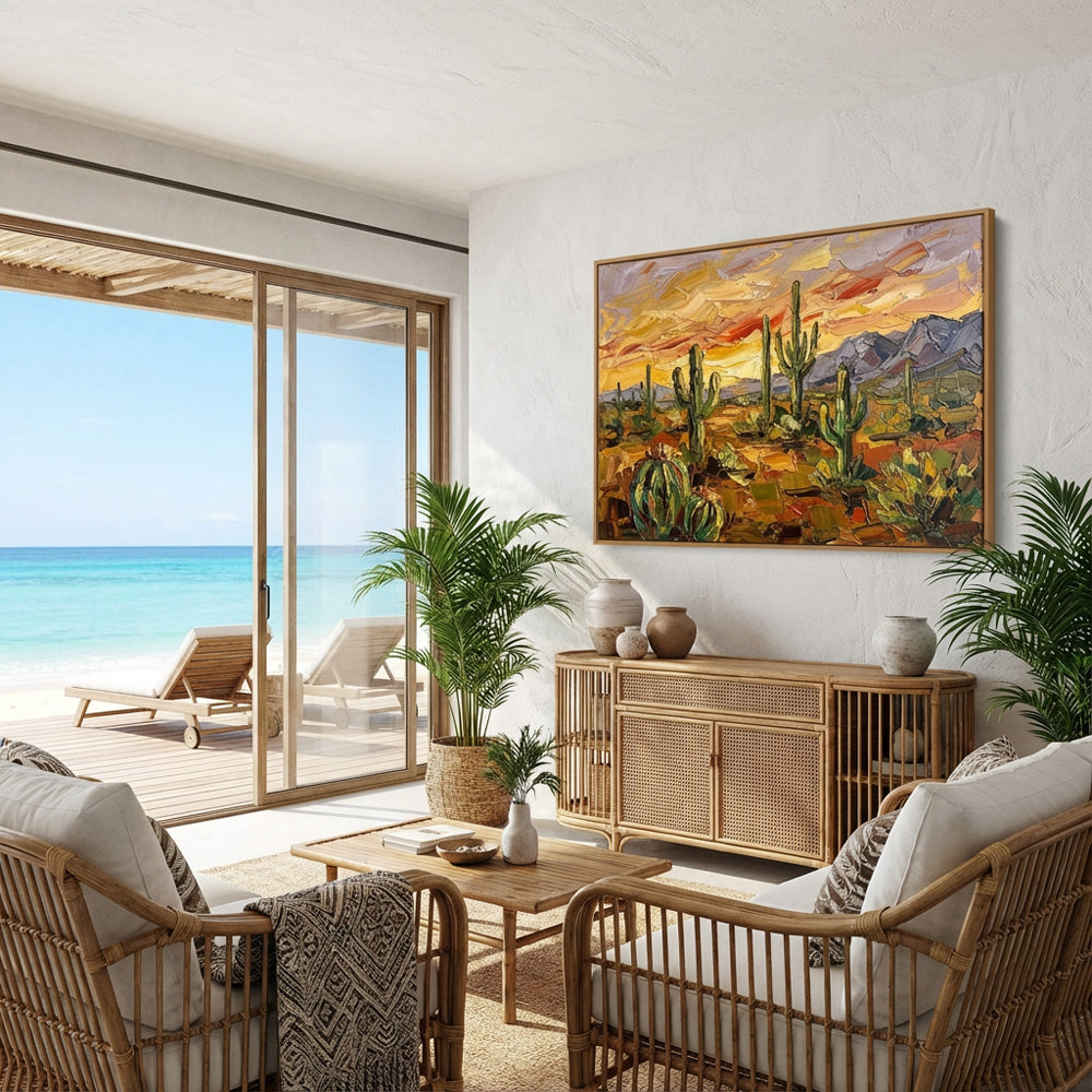 Desert Cactus Sunset texture Landscape Painting – Impressionist Style – Warm Earth Tones – Cacti & Mountain Elements