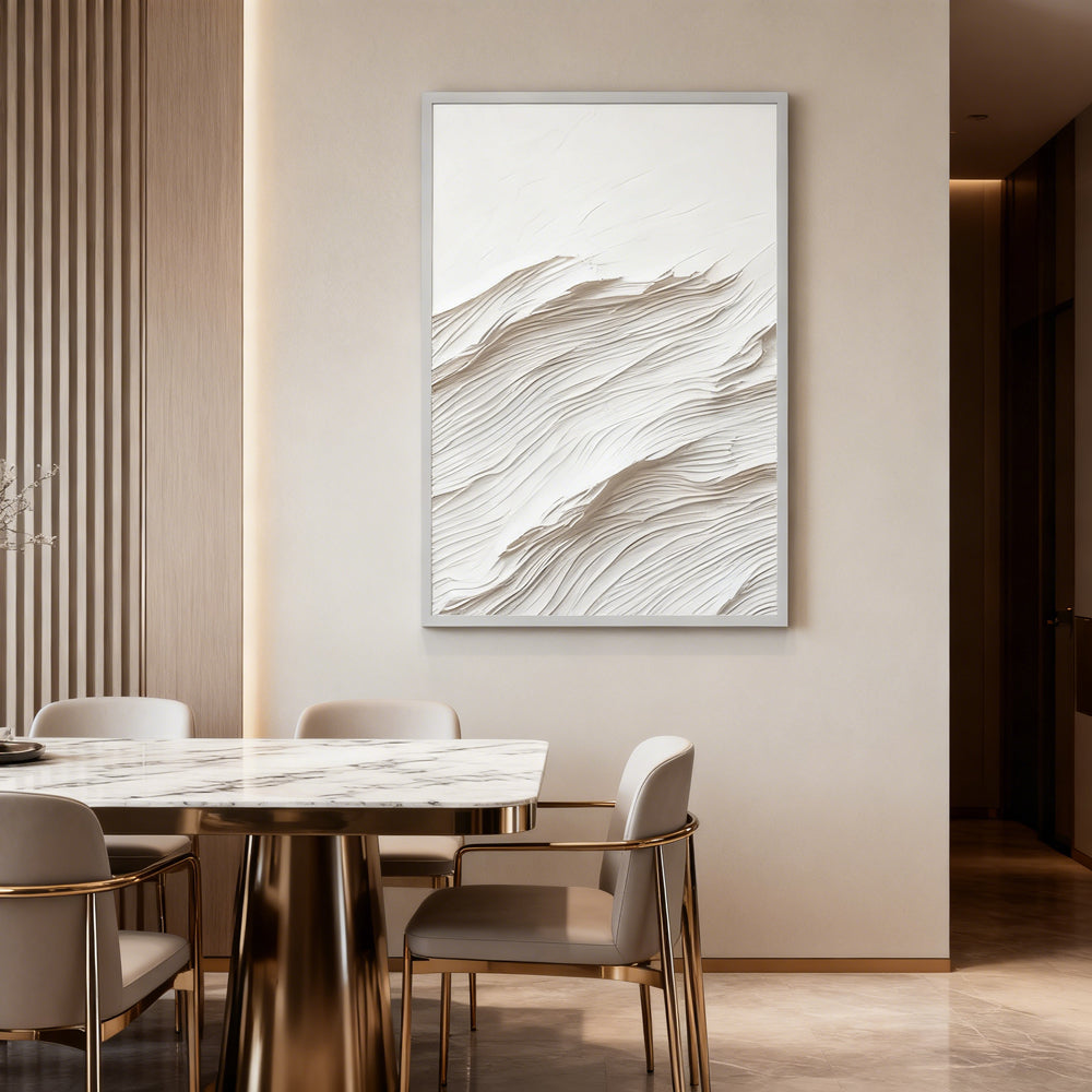 White Wave Texture Theme Painting – Minimalist Abstract Style Handmade Texture Wall Art