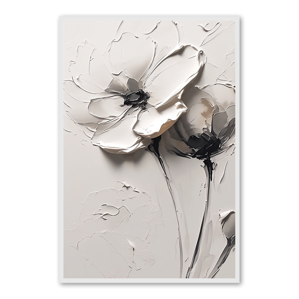 Monochrome Petal Duo Texture Art – Minimalist Impressionistic Floral Style Handmade Oil Painting Wall Art
