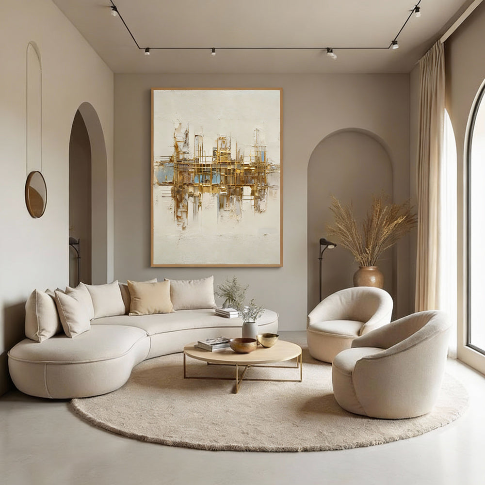 Golden Grid Structure Theme Painting – Modern Abstract Style Handmade Texture Wall Art-Portrait Orientation