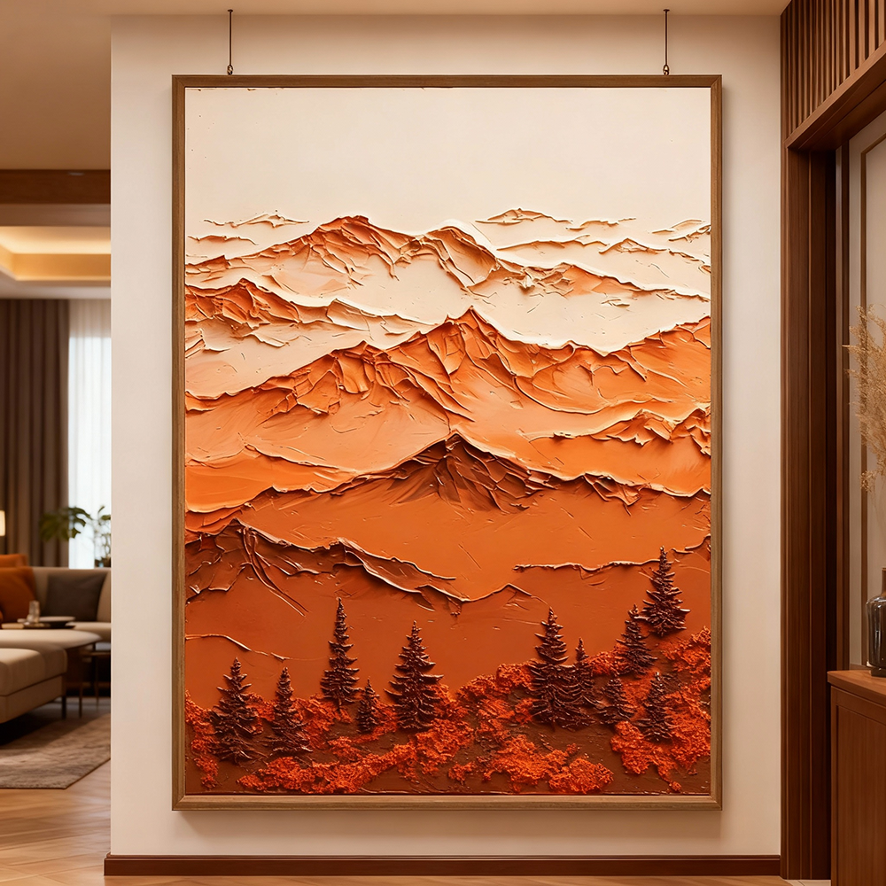 Majestic Mountain Serenity – Abstract Texture Landscape in Warm Earth Tones, Layered Peaks and Forest Elements
