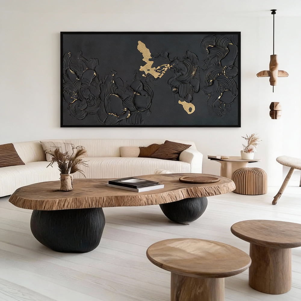 Handmade Abstract Wall Art – Black Textured Painting with Gold Accents-Landscape Orientation