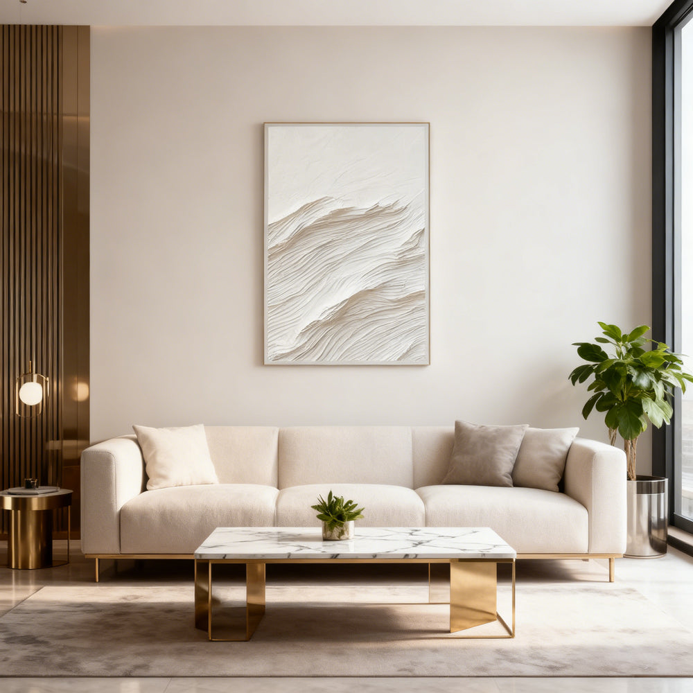 White Wave Texture Theme Painting – Minimalist Abstract Style Handmade Texture Wall Art