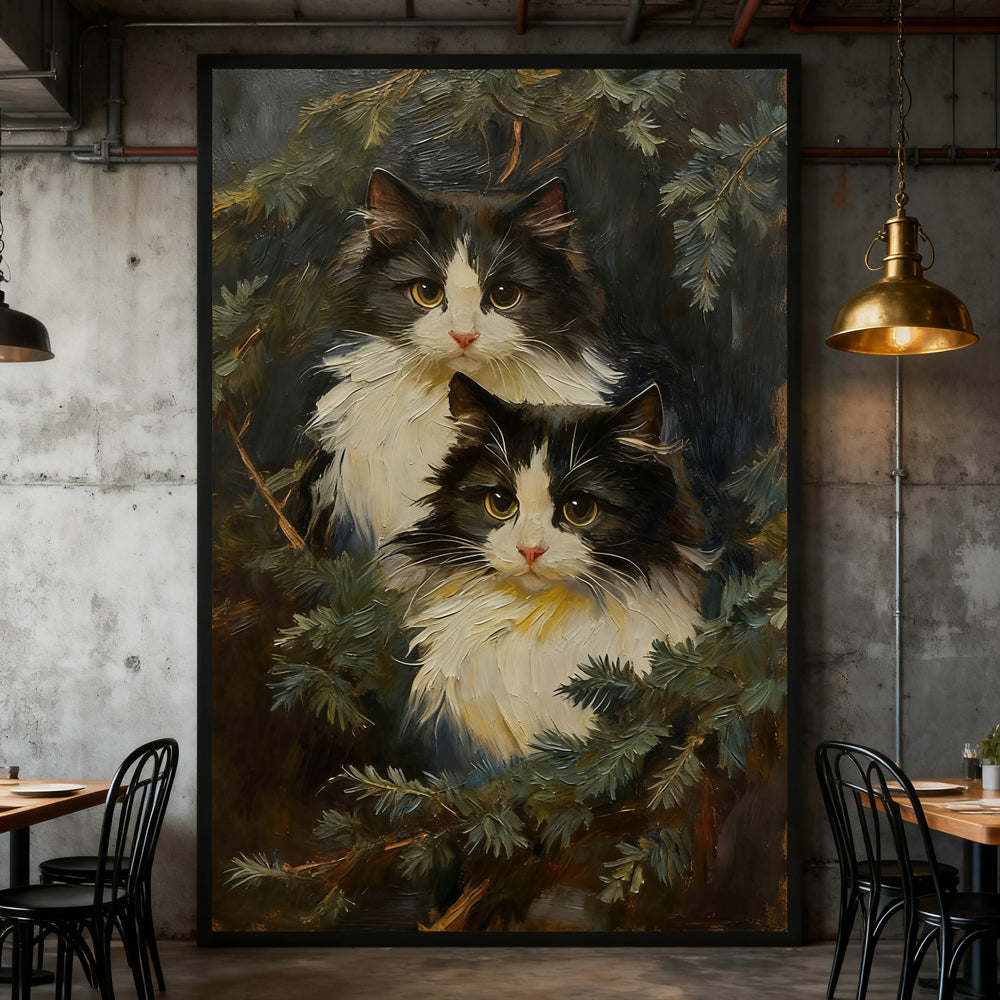 Two Cats in Forest – Realistic Oil Painting – Animal Wall Art