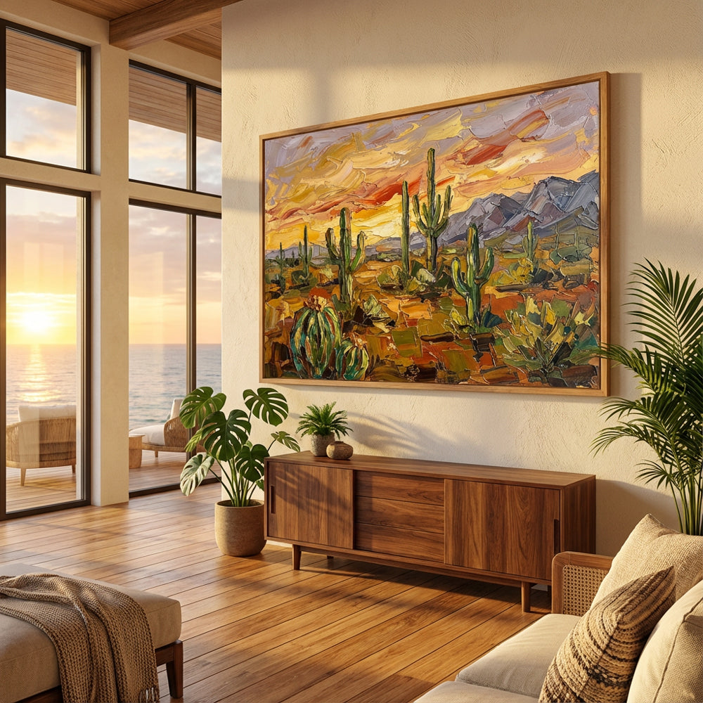 Desert Cactus Sunset texture Landscape Painting – Impressionist Style – Warm Earth Tones – Cacti & Mountain Elements