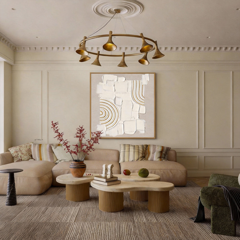 Original handmade texture art, crafted with plaster and golden lines, adding unique depth and serene modern Wabi-Sabi charm.-square canvas