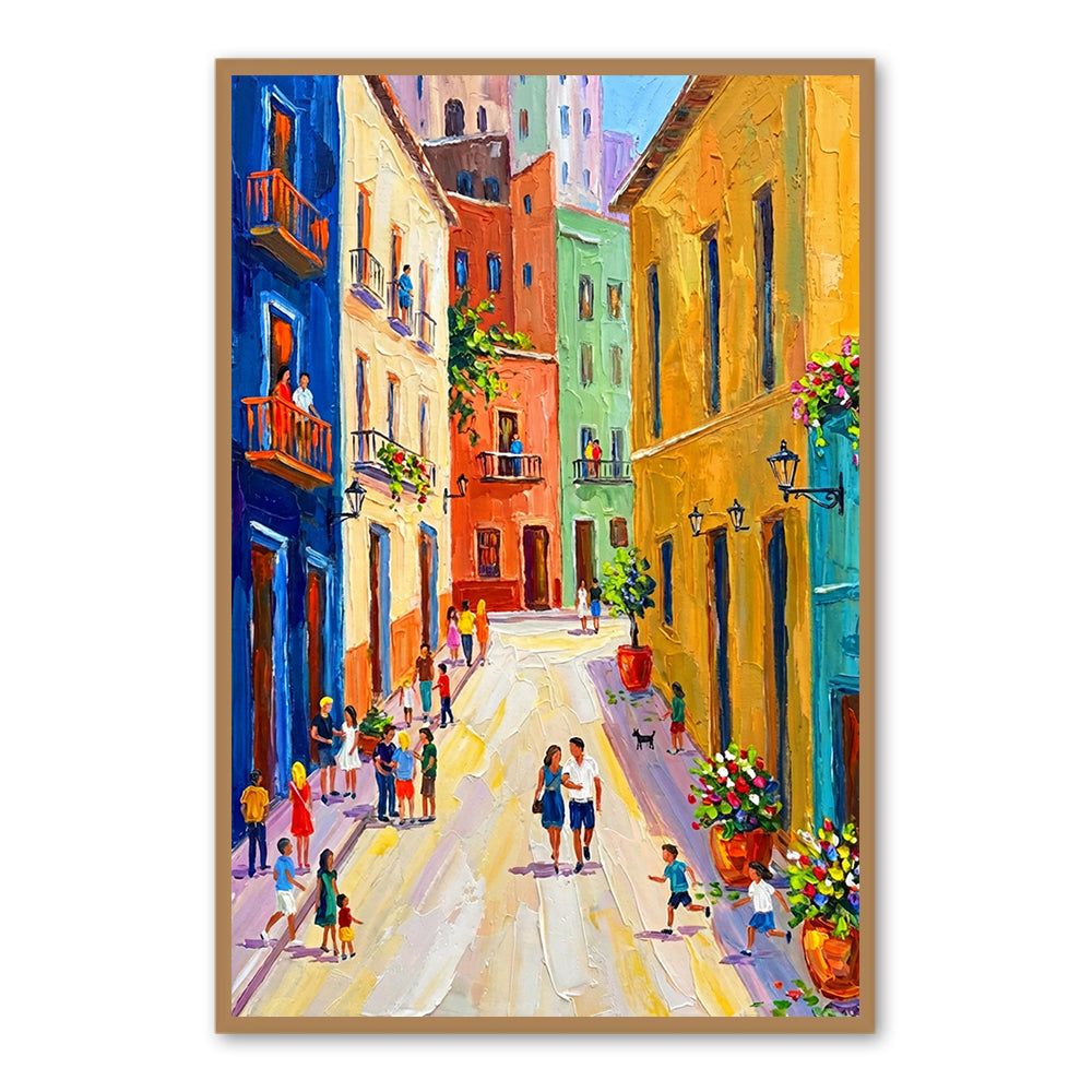 Colorful Street Scene Painting – Impressionist Palette Knife Style – Vibrant Multicolor Tones – Cityscape & Figures Wall Art