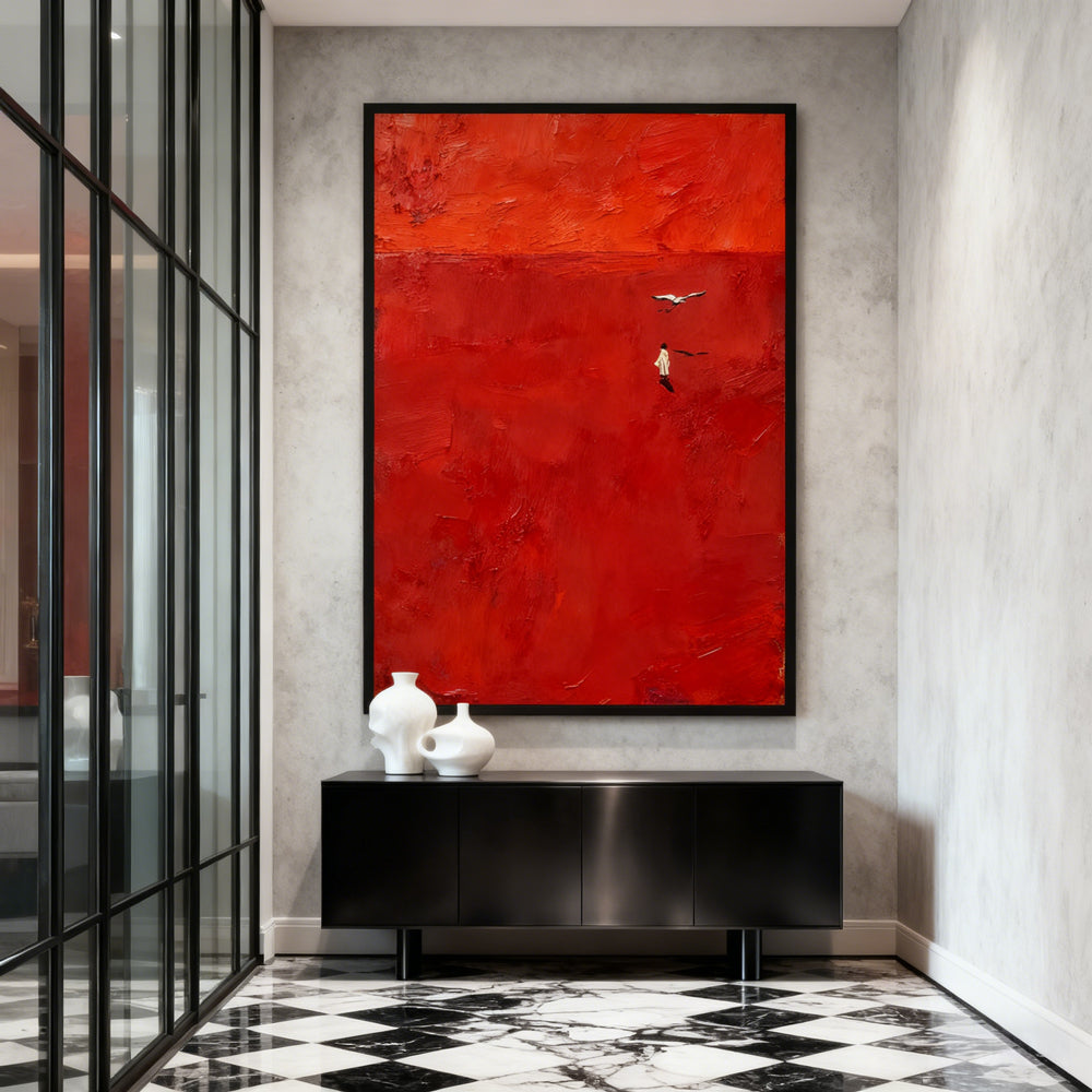 Red Horizon - Handcrafted Oil Painting, Abstract Landscape Wall Art