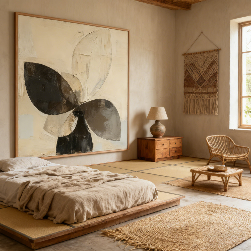 Abstract Petal Form in Vessel – Modern Minimalist Style Handmade Oil Painting Wall Art