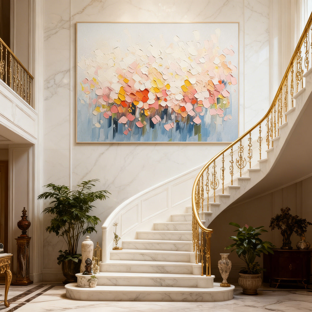 Blooming Petal Symphony – Abstract Impasto Style Handmade Oil Painting Wall Art