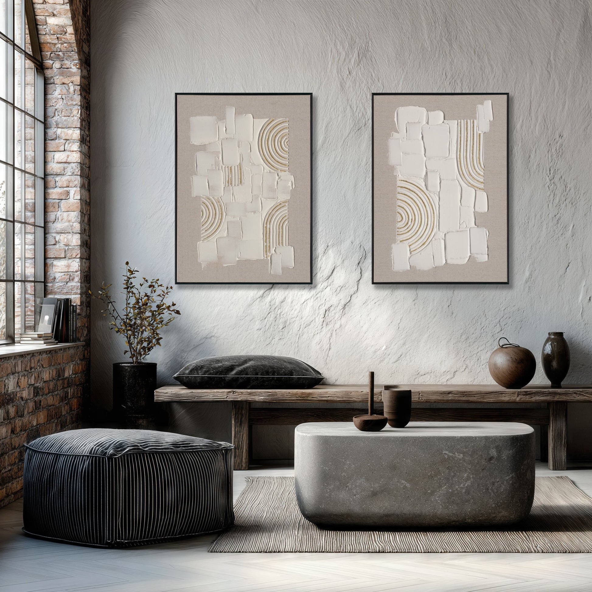 Original hand-painted texture art, merging plaster blocks with golden arcs, minimalist yet full of artistic tension.