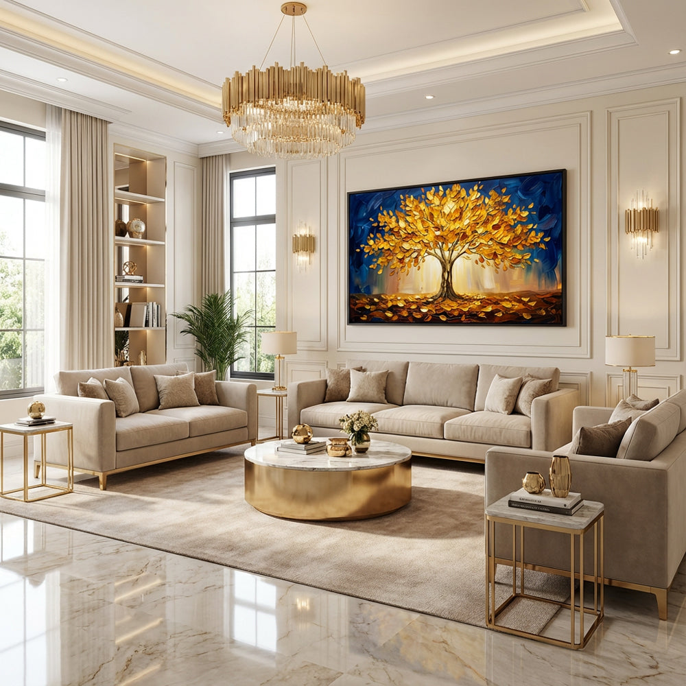 Golden Canopy Dreams | Contemporary Abstract Tree Style Hand-Painted Oil Painting Wall Art