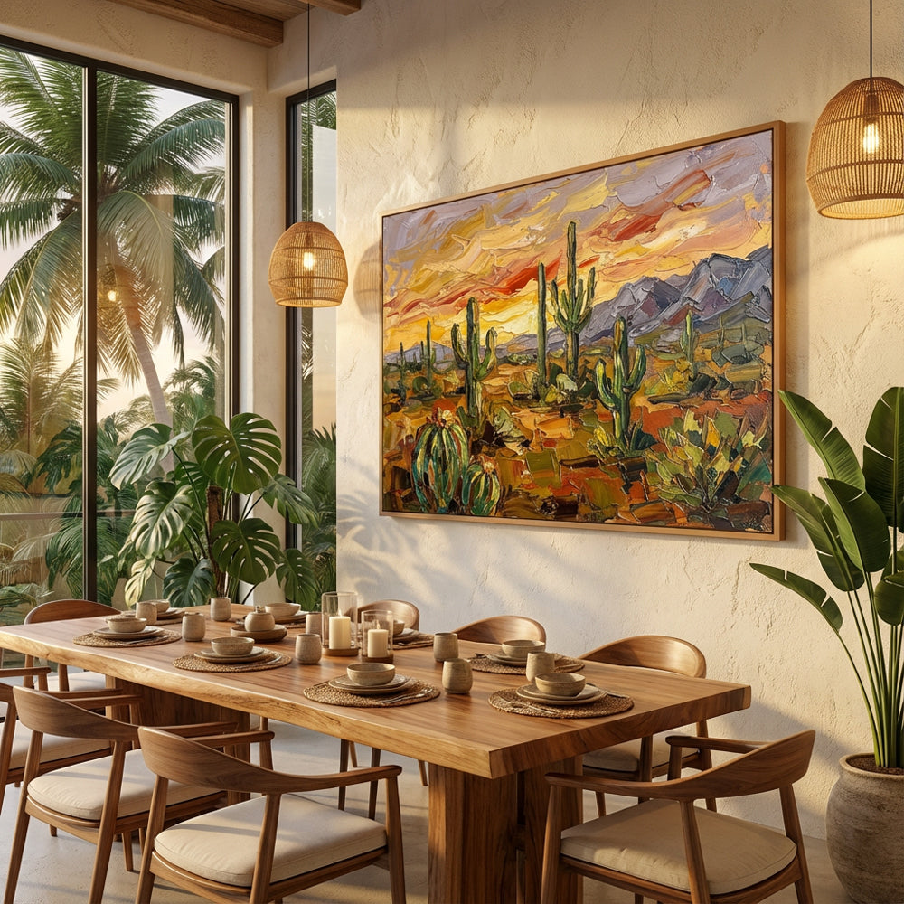 Desert Cactus Sunset texture Landscape Painting – Impressionist Style – Warm Earth Tones – Cacti & Mountain Elements