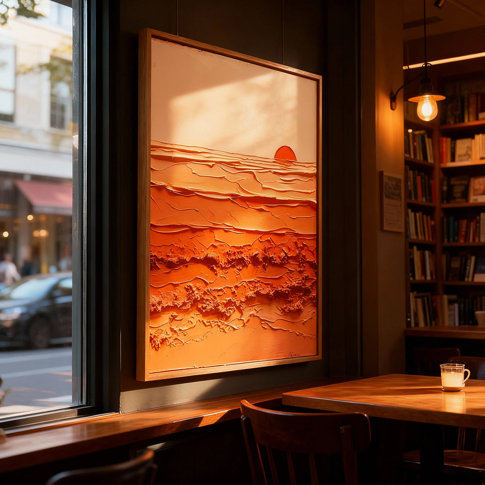 Sunrise Harmony – Abstract Texture Landscape in Warm Orange Tones, Sunset Over Waves