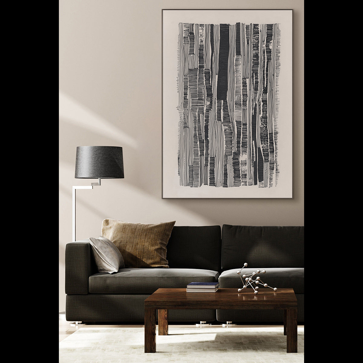 Rythme monochrome, dessin abstrait peint à la main sur toile 