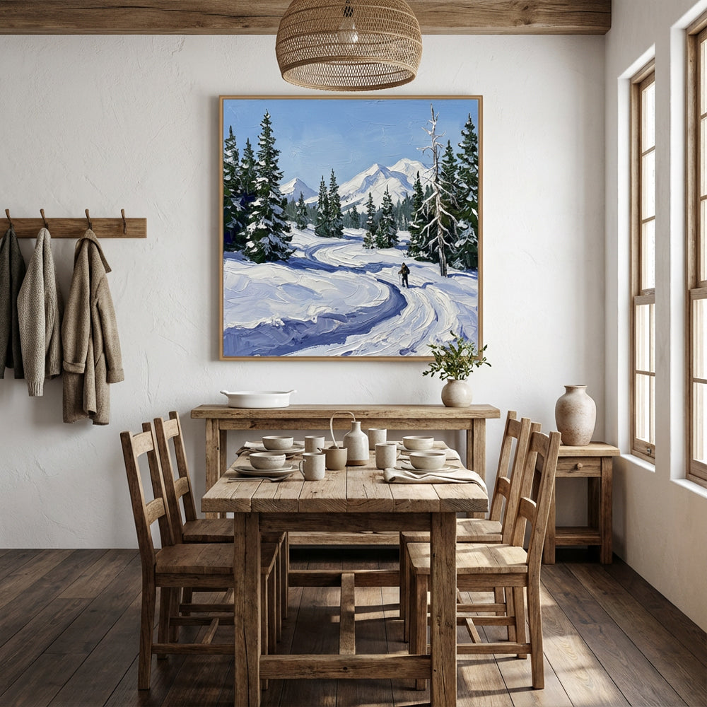 Tracks in the Winter Blue – Impressionist Snowfield Journey Oil-Style Artwork Handcrafted Painting